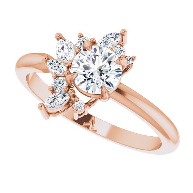 Floral cluster ring with round center stone showing petal diamond halo/2-CT variant--.5CT variant--Round variant--.5CT variant--14K-rose-gold
