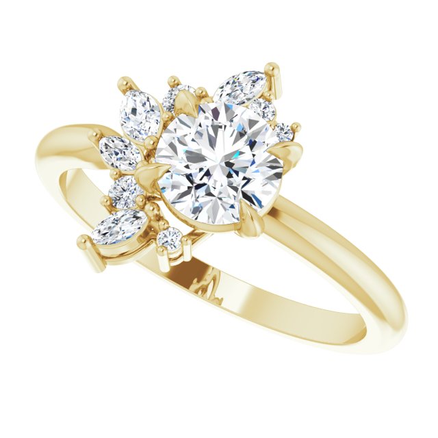 Floral cluster ring profile view showing setting height and band width variant--Round variant--1CT variant--14K-yellow-gold