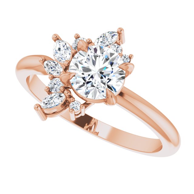 Floral cluster ring showing 1CT round center stone in yellow gold variant--Round variant--1CT variant--14K-rose-gold