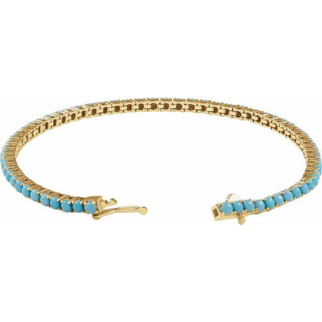 Turquoise tennis bracelet in 14K gold with Sleeping Beauty turquoise, overhead angle variant--Turquoise