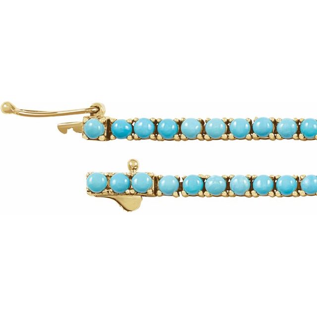 Turquoise tennis bracelet in 14K gold with Sleeping Beauty turquoise, showing clasp detail variant--Turquoise