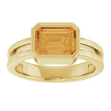 Emerald-cut emerald cocktail ring in 14K yellow gold, vivid green bezel ring