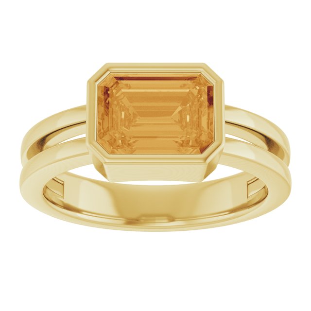 Emerald-cut emerald cocktail ring in 14K yellow gold, vivid green bezel ring