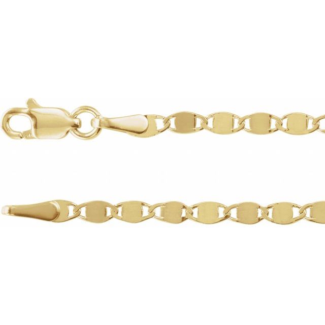 Mirror chain in 14K gold, flat disc link detail on white background