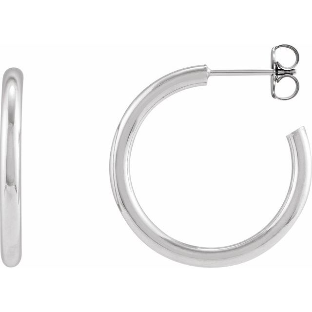 Post hoop earrings on model, front-facing portrait view variant--Sterling-silver variant--25mm