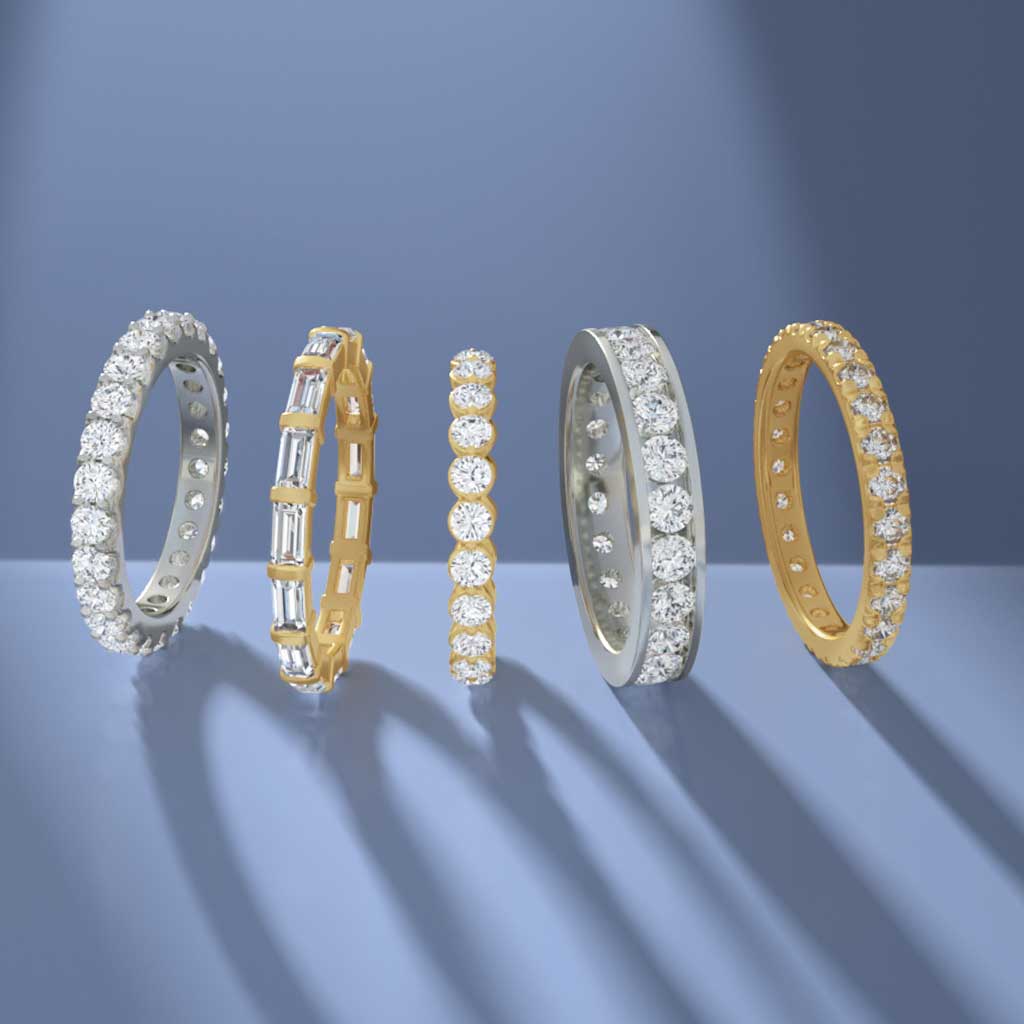French-set diamond eternity band editorial close-up of French setting detail