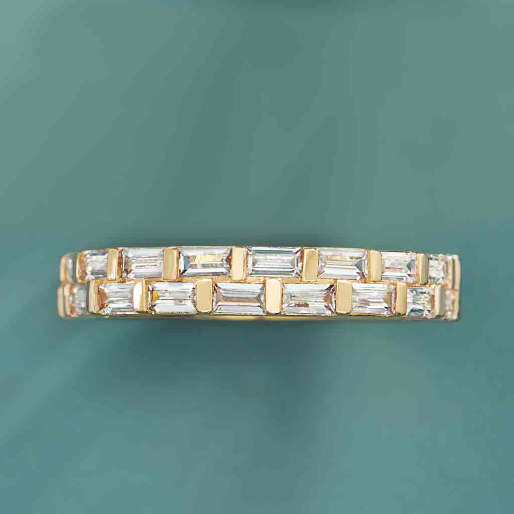 14K yellow gold double row baguette diamond anniversary band