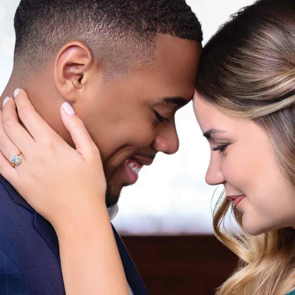 Scalloped halo diamond engagement ring in 14K gold, diamond center, side profile