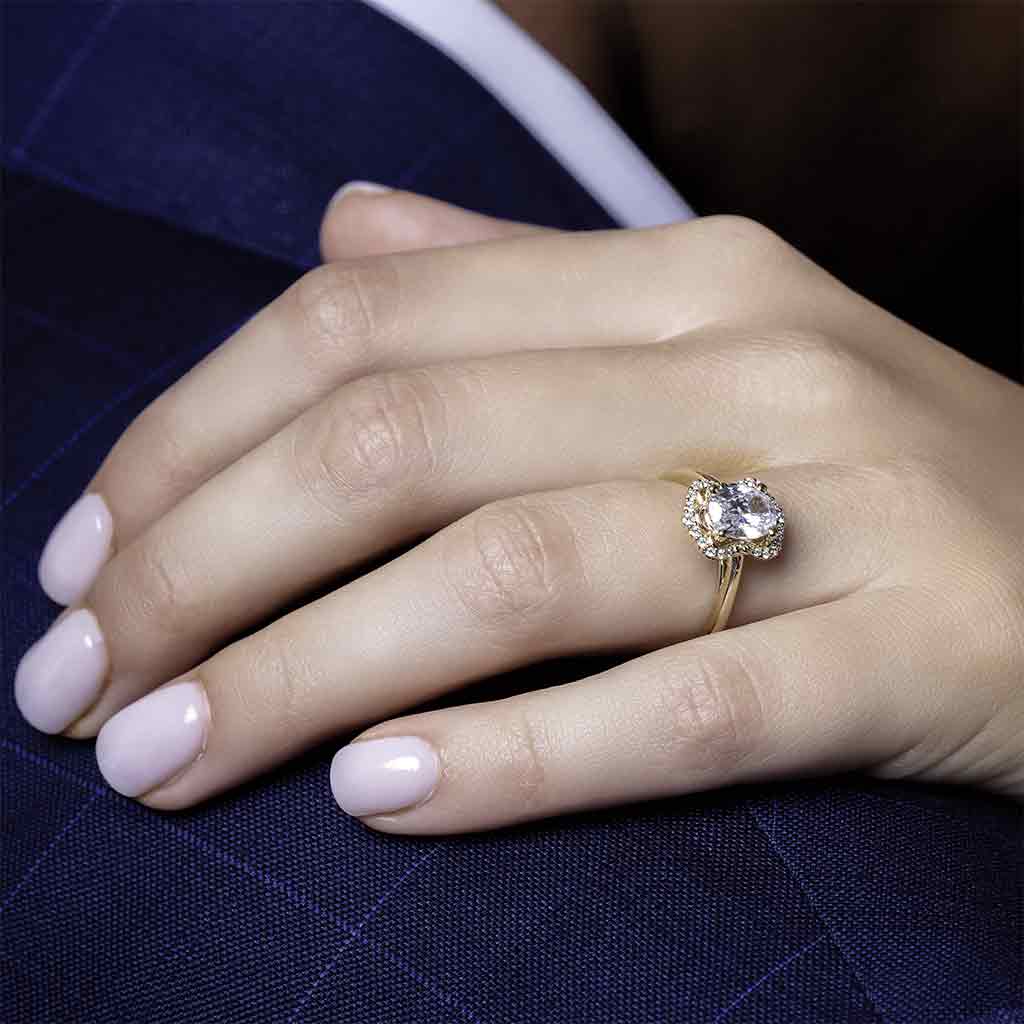 Scalloped halo diamond engagement ring in 14K gold, diamond center, three-quarter angle