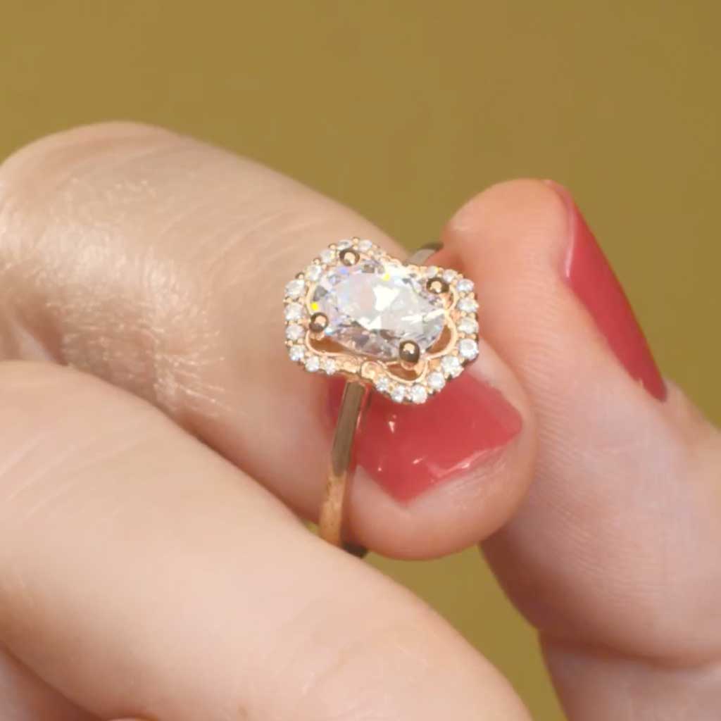 Scalloped halo diamond engagement ring in 14K gold, diamond center, front view