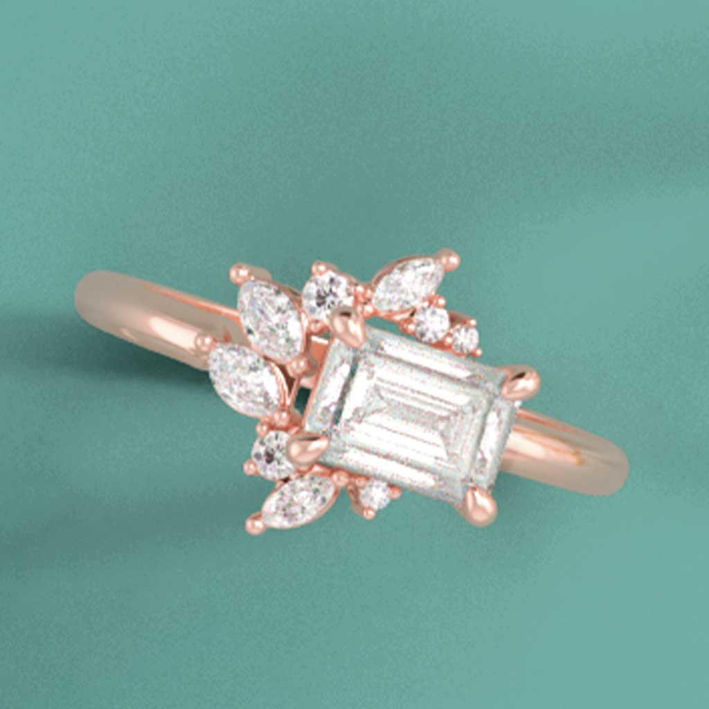 Floral cluster diamond engagement ring in 14K gold, angled view of floral setting