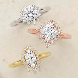 Saddle halo diamond engagement ring setting in 14K gold, diamond center, on hand