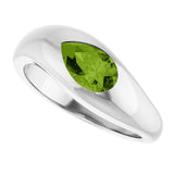 Peridot ring detail, close-up of pear-cut stone and setting variant--14K-white-gold variant--Sterling-silver
