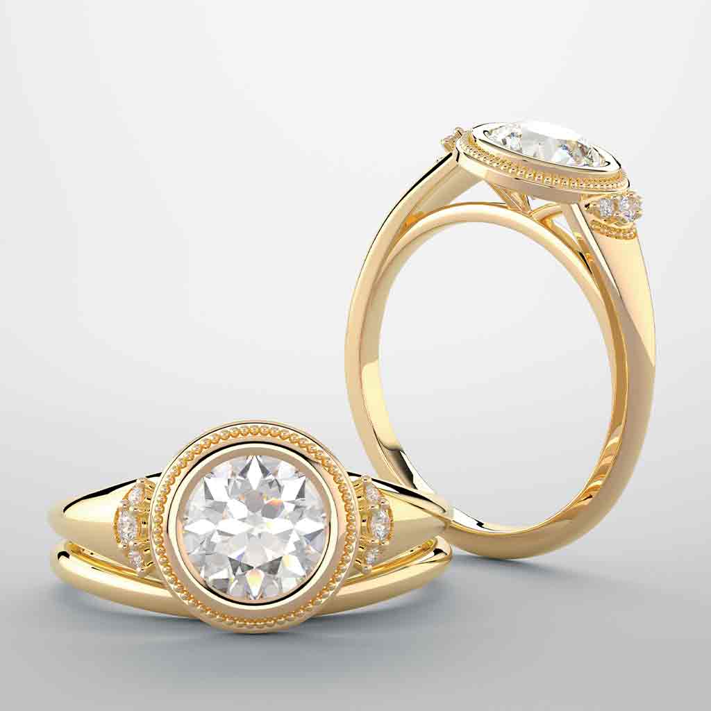 Close-up of milgrain bezel edge and diamond accent stones