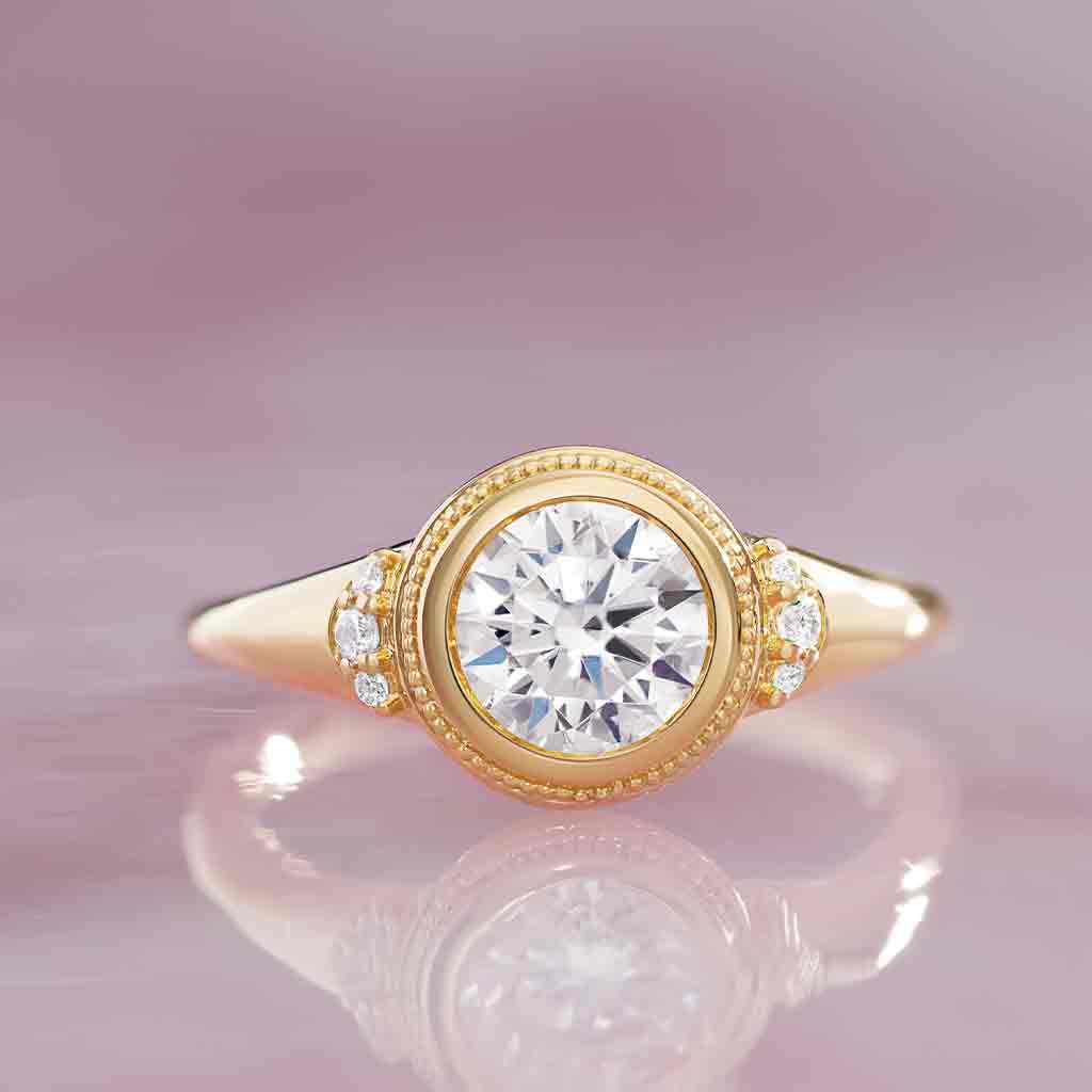 Milgrain bezel diamond ring setting, angled side view showing detail