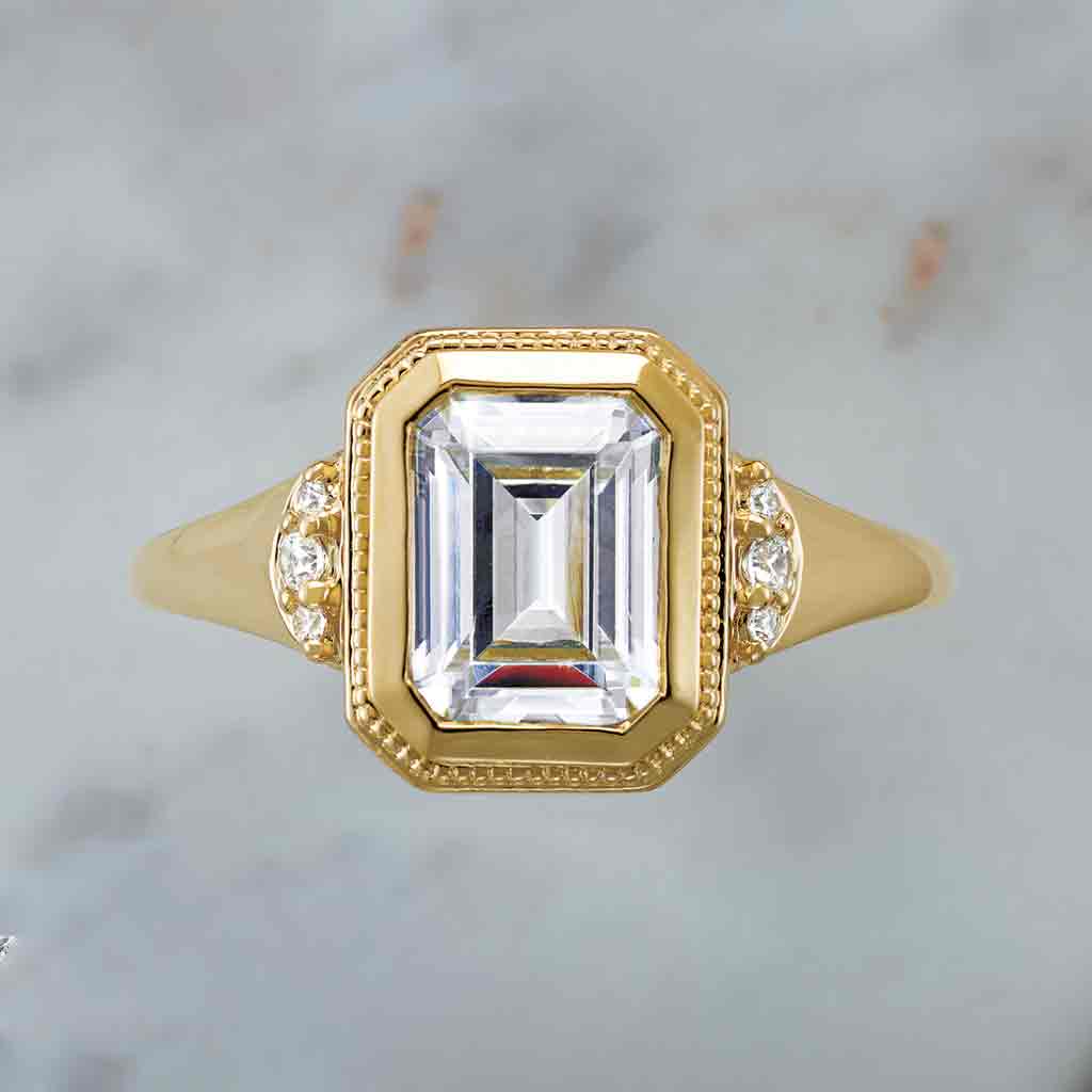 Milgrain bezel-set diamond engagement ring setting in 14K gold, front view