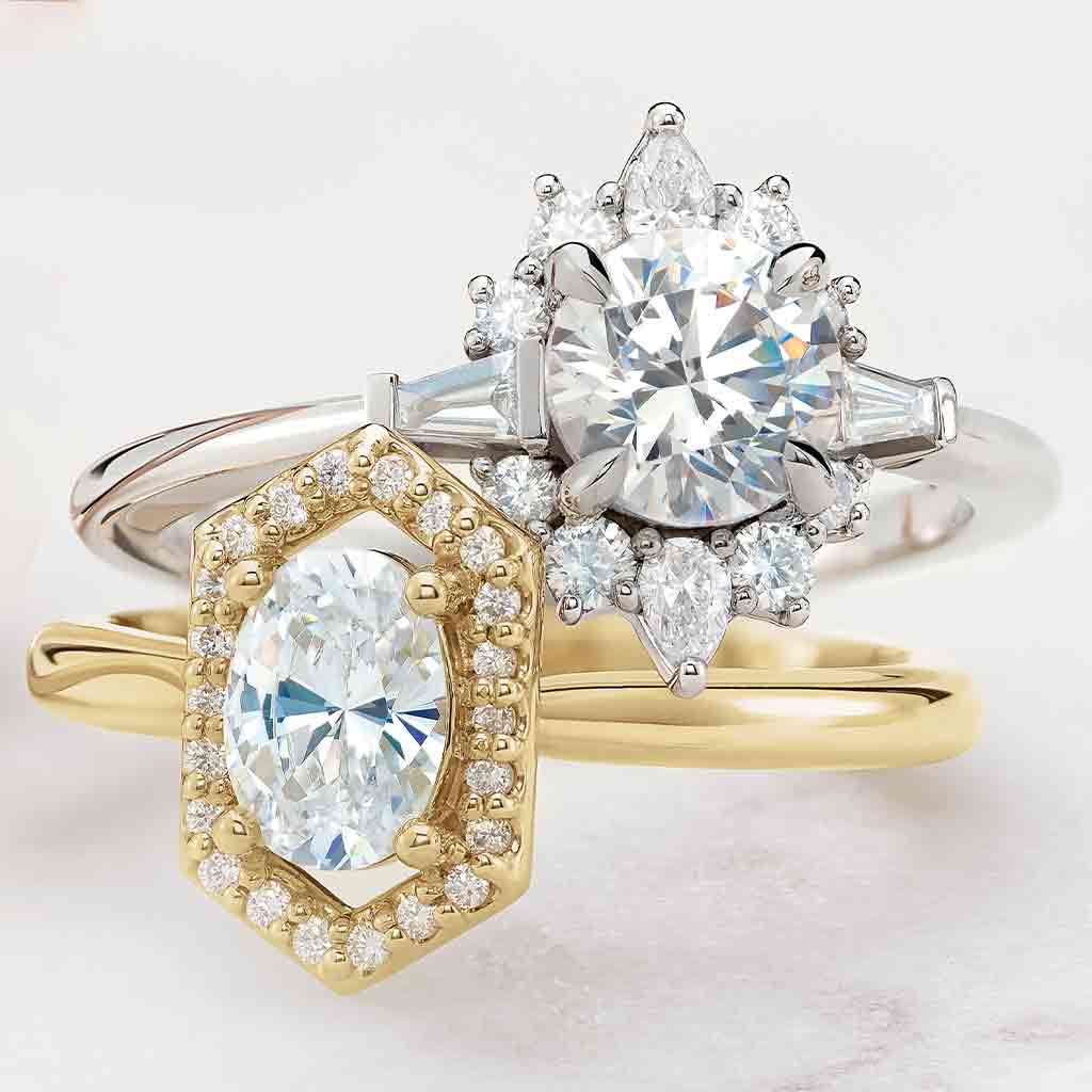 Vintage diamond halo engagement ring in 14K gold, diamond center, three-quarter angle