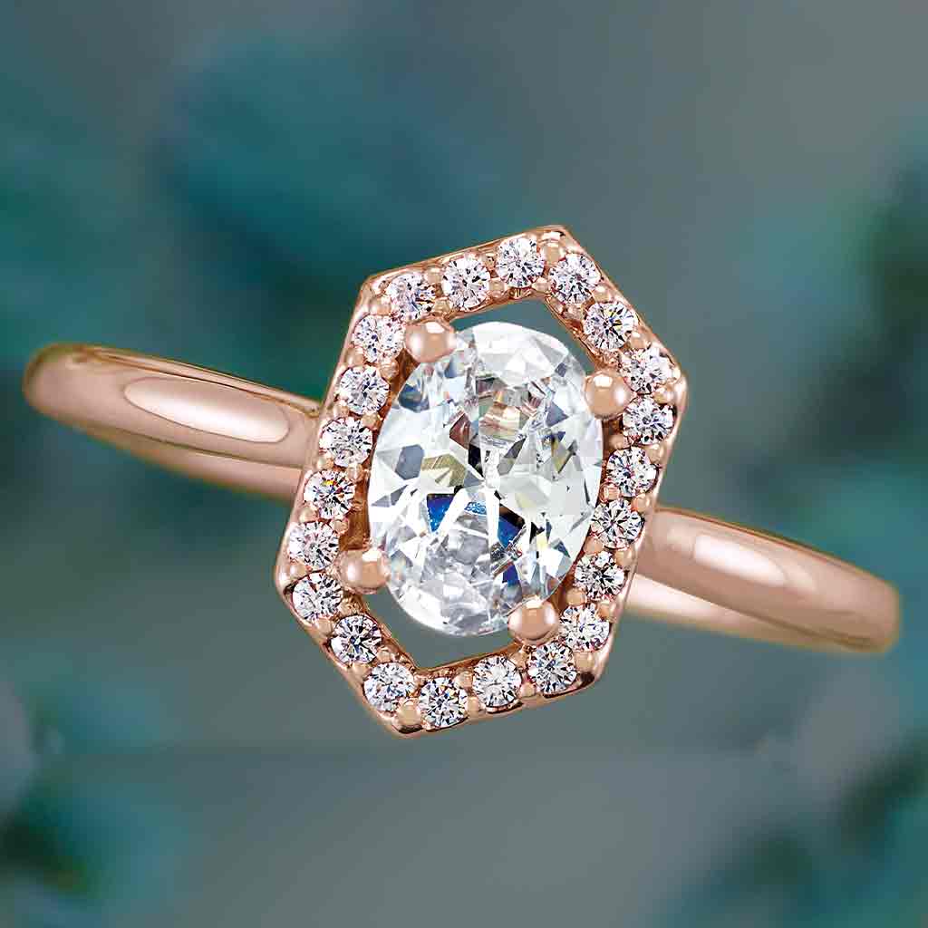 Vintage diamond halo engagement ring in 14K gold, diamond center, side profile