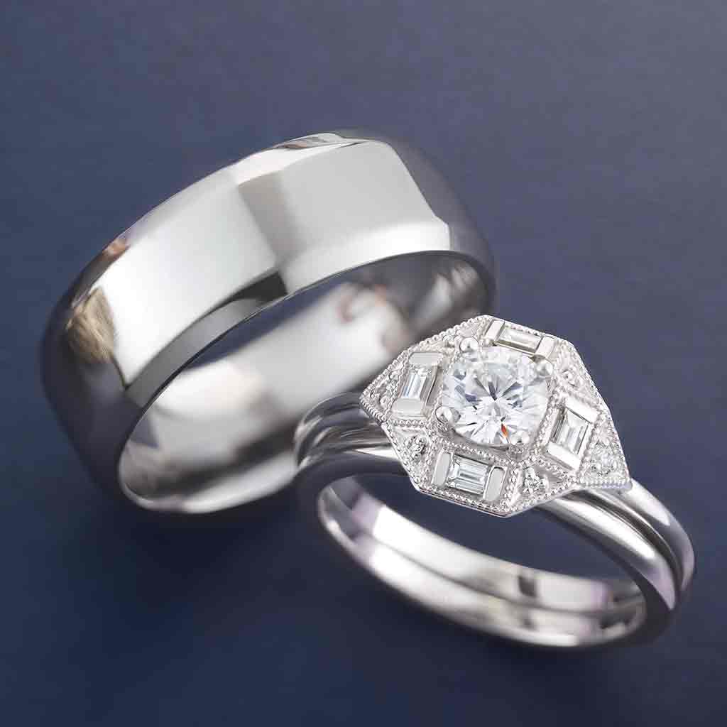 Vintage diamond engagement ring setting in 14K gold, side showing milgrain
