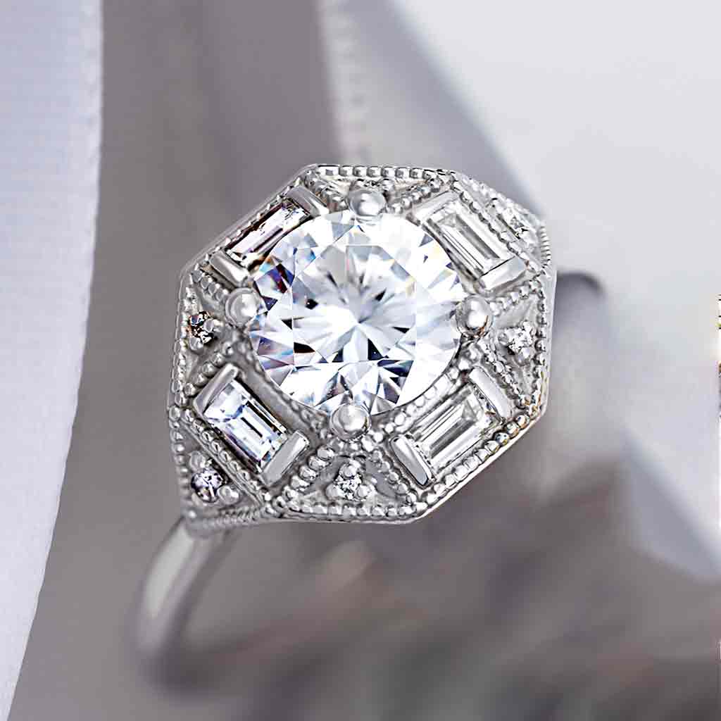 Vintage diamond engagement ring setting in 14K gold, three-quarter angle