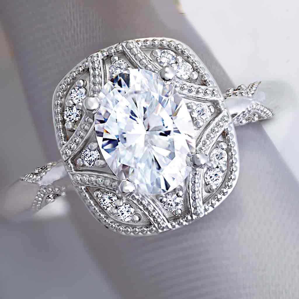 Milgrain vintage engagement ring setting in 14K gold, front view
