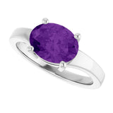 Oval amethyst gemstone ring, side view of 4mm rose gold band and setting variant--Amethyst variant--14K-white-gold variant--Sterling-silver