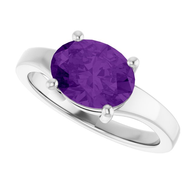 Oval amethyst gemstone ring, side view of 4mm rose gold band and setting variant--Amethyst variant--14K-white-gold variant--Sterling-silver