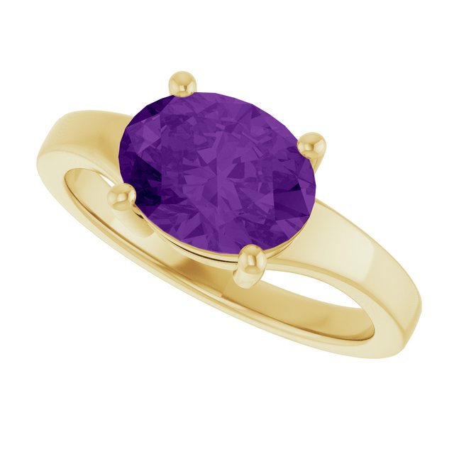 Oval amethyst cocktail ring in 14K rose gold, overhead detail of bezel setting variant--Amethyst variant--14K-yellow-gold