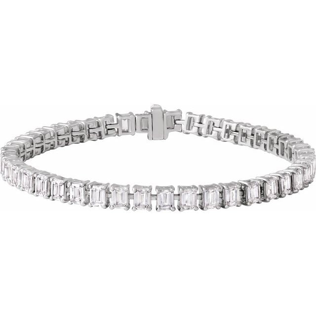 Emerald-cut diamond tennis bracelet on wrist, 7-inch 14K gold band white gold variant--14K-white-gold