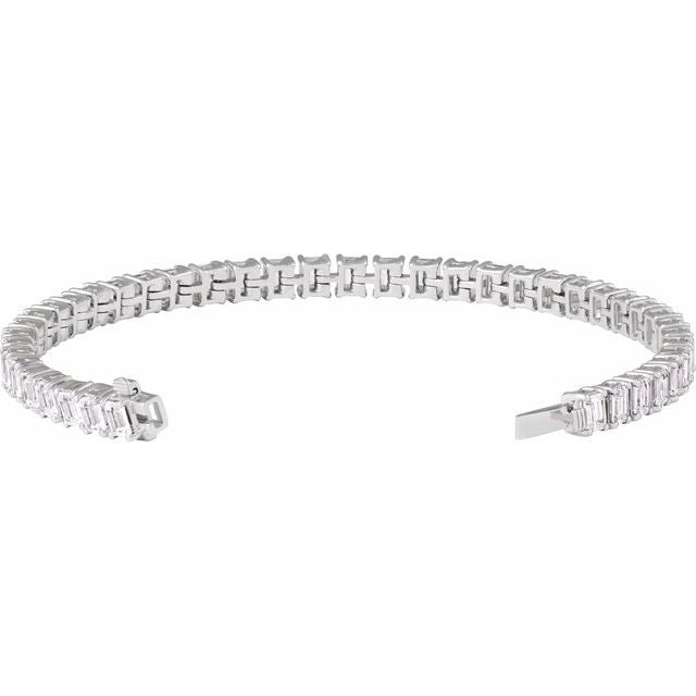 Diamond tennis bracelet side profile, continuous emerald-cut stones in 14K gold white gold variant--14K-white-gold