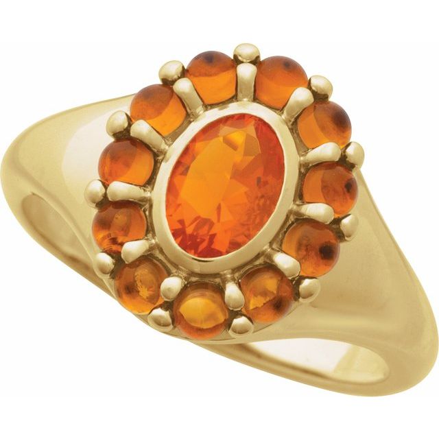 Gemmy cocktail ring close-up of center oval cabochon and accent stones variant--Mexican-Fire-Opal variant--14K-yellow-gold