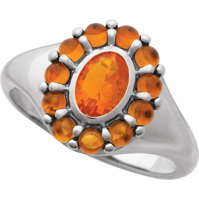 Gemmy cocktail ring with natural gemstone halo, product detail view variant--Mexican-Fire-Opal variant--14K-white-gold