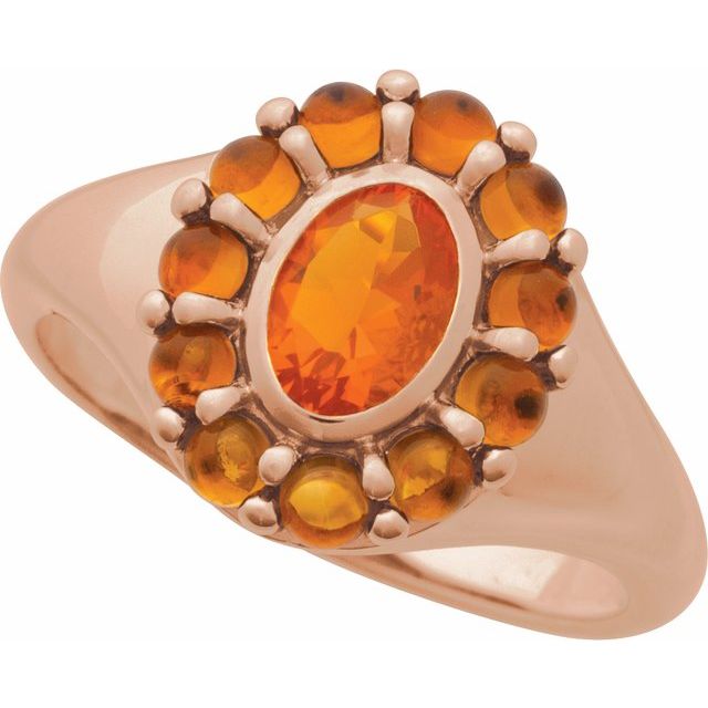 Gemmy cocktail ring band detail showing gold construction and stone setting variant--Mexican-Fire-Opal variant--14K-rose-gold