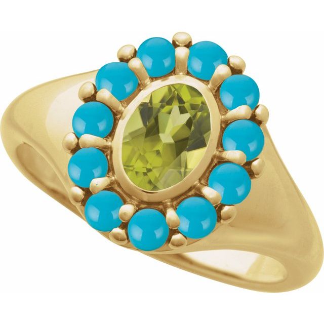 Gemmy cocktail ring with Mexican fire opal cabochons in 14K yellow gold variant--Turquoise variant--14K-yellow-gold
