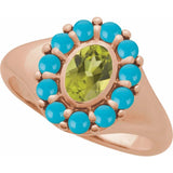 Gemmy cocktail ring detail showing cabochon halo setting in 14K gold variant--Turquoise variant--14K-rose-gold