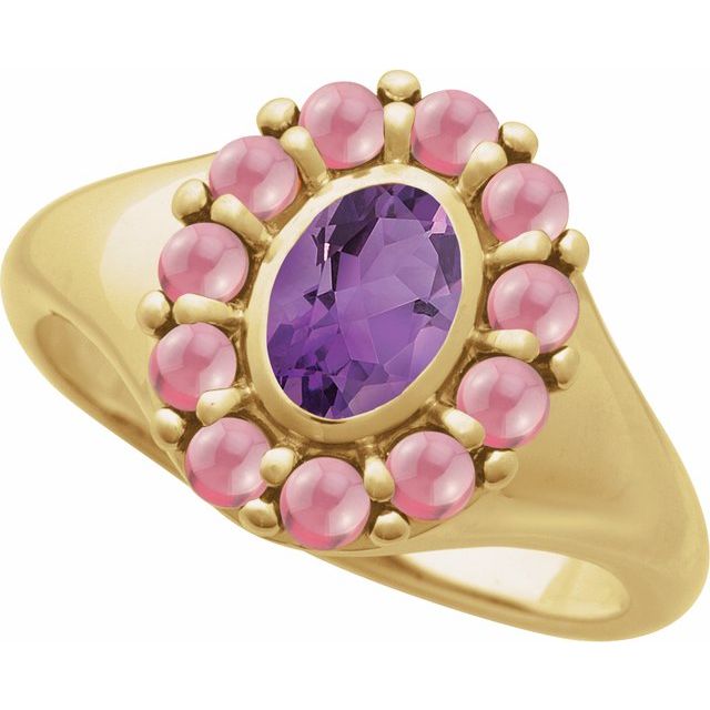 Gemmy cocktail ring side profile showing 4mm gold band and stone setting variant--Amethyst variant--14K-yellow-gold