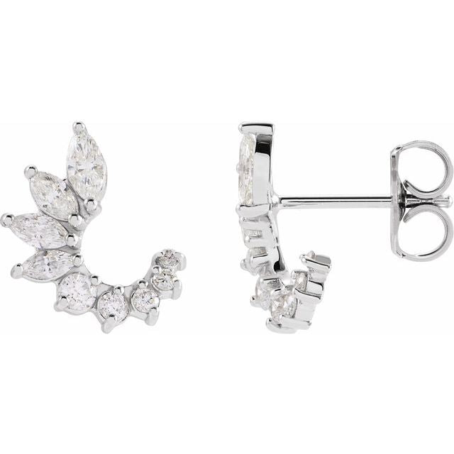 White gold curved diamond earrings with modern arc variant--14K-white-gold