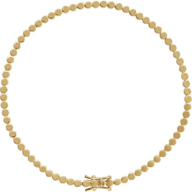 Gold circle tennis bracelet side view showing polished link detail yellow gold variant--14K-yellow-gold