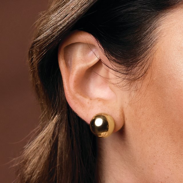 polished gold dome earrings minimalist design on model yellow gold variant--14K-yellow-gold