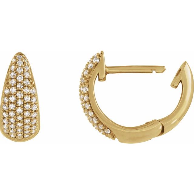 Diamond huggy hoop earrings in 14K gold, angled view showing sparkle yellow gold variant--14K-yellow-gold