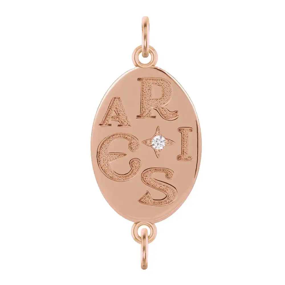 Handmade Aries engraved zodiac charm link in 14K rose gold with diamond accent