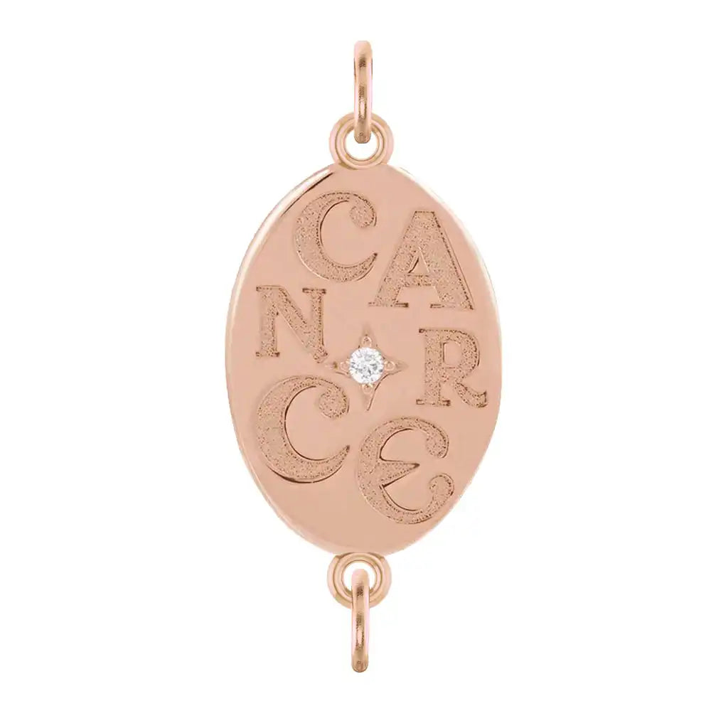 Handmade Cancer engraved zodiac charm link in 14K rose gold with diamond accent