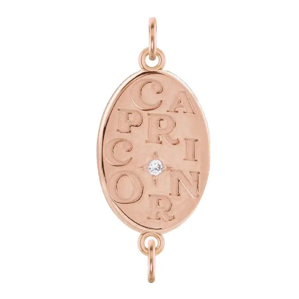 Handmade Capricorn engraved zodiac charm link in 14K rose gold with diamond accent