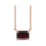 Emerald-cut garnet birthstone necklace set in 14K rose gold with vertical minimalist pendant design variant--14K-rose-gold