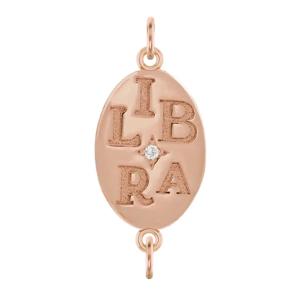 Handmade Libra engraved zodiac charm link in 14K rose gold with diamond accent