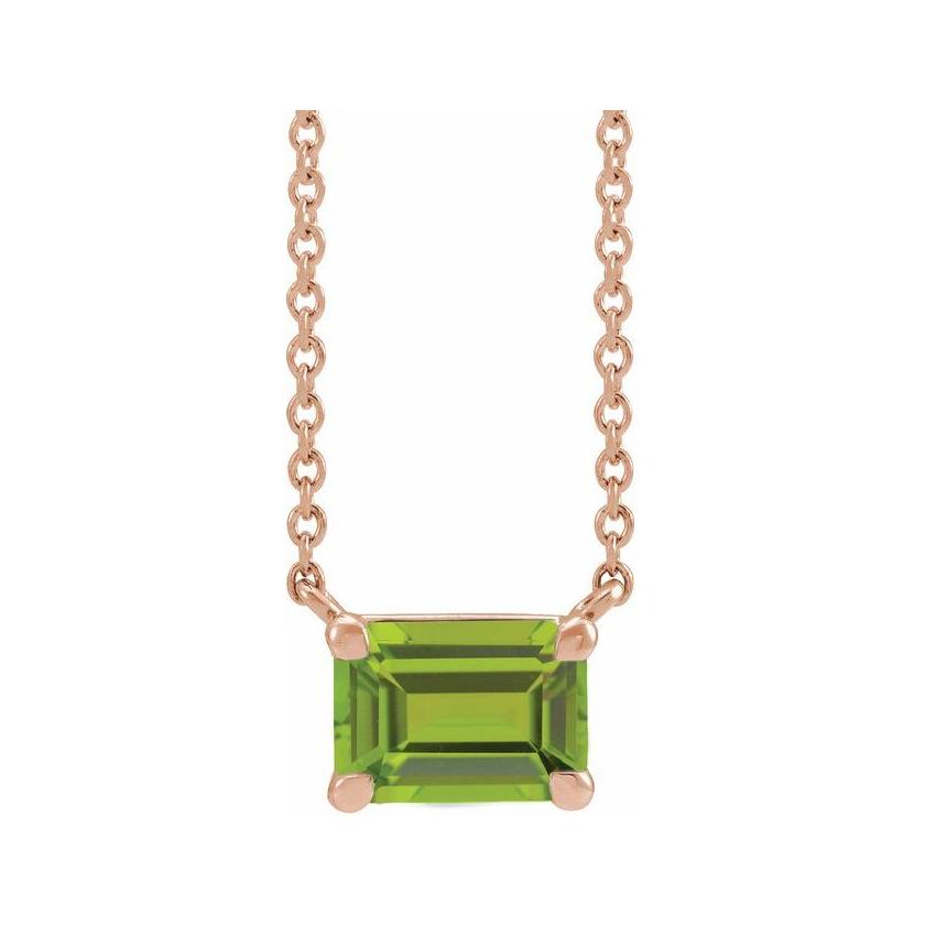 Handcrafted vertical peridot gemstone necklace in polished 14K rose gold‚Äîa modern birthstone keepsake