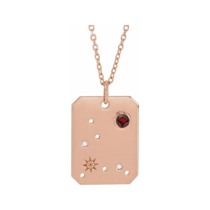 14K rose gold Pisces constellation necklace with diamonds and birthstone on gold chain (Feb 19 - Mar 20)