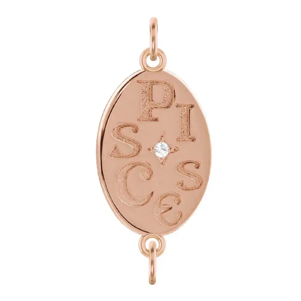 Handmade Pisces engraved zodiac charm link in 14K rose gold with diamond accent