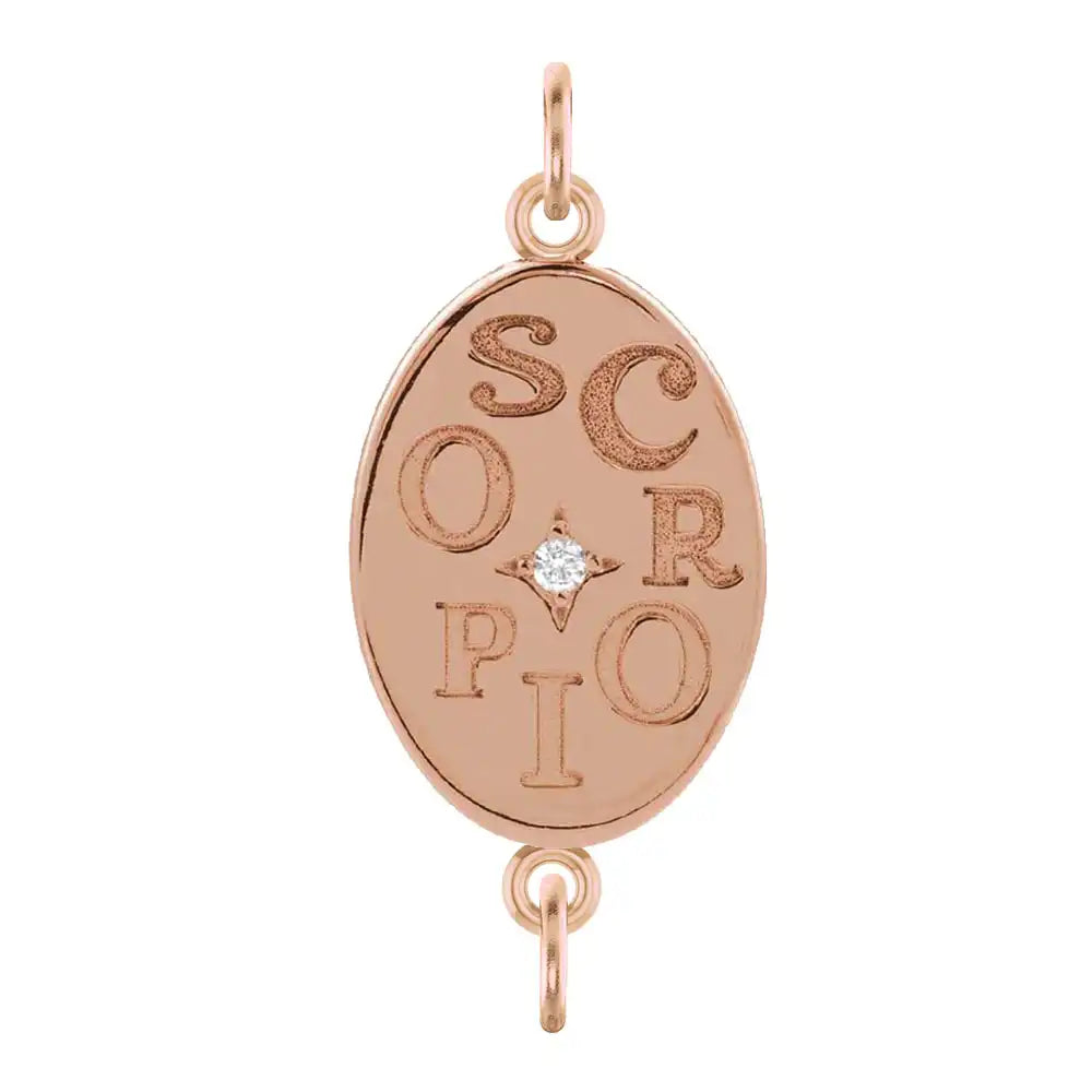 Handmade Scorpio engraved zodiac charm link in 14K rose gold with diamond accent