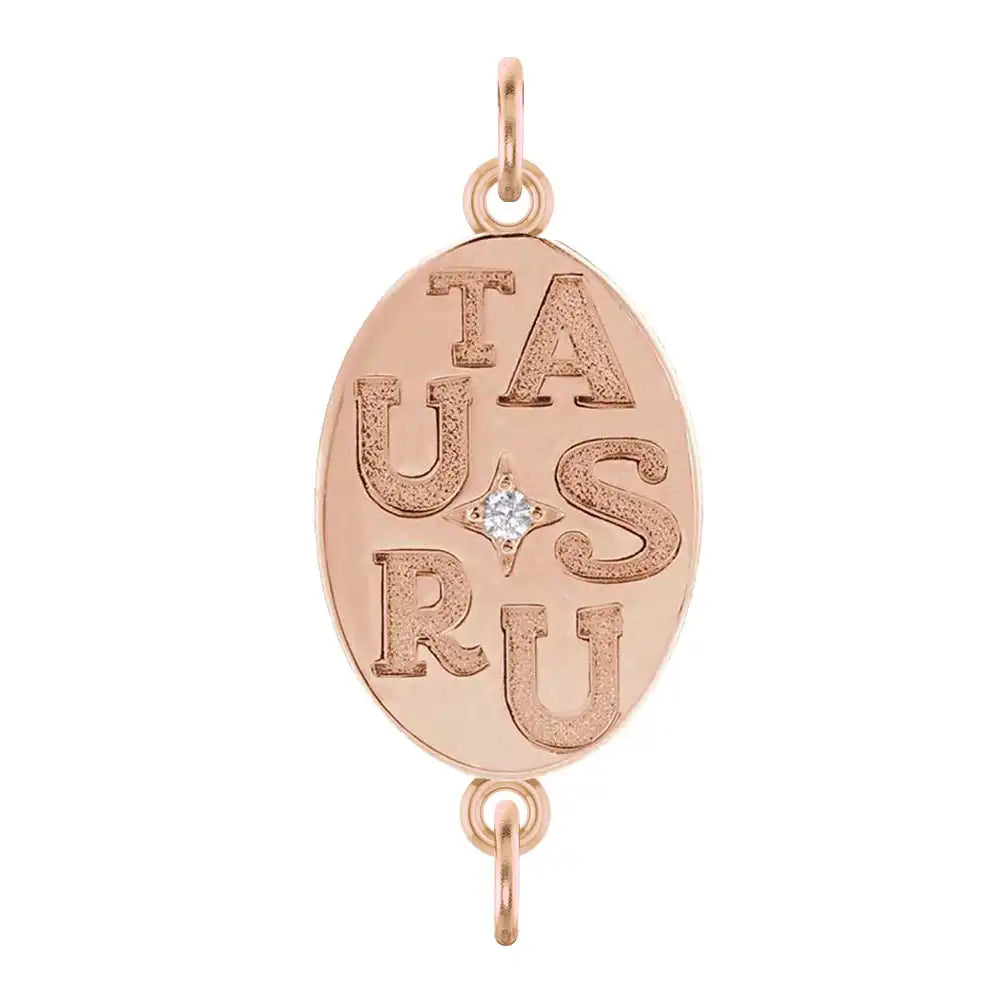 Handmade Taurus engraved zodiac charm link in 14K rose gold with diamond accent